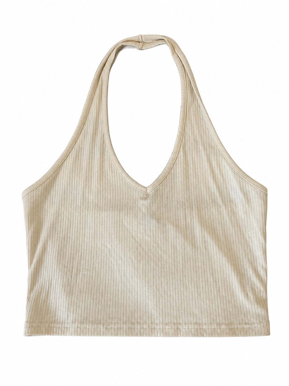 SHEIN Ribbed V-Neck Halter Crop Top in Beige
